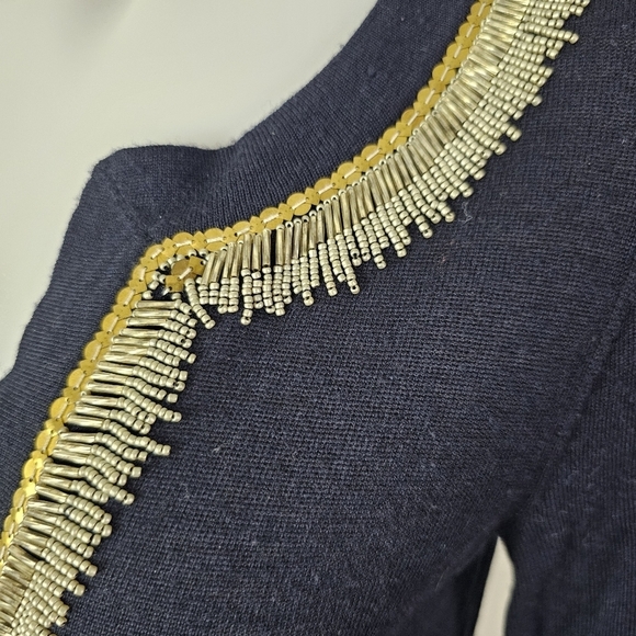 Tory Burch deep navy blue Merino Wool Plunge Neckline Sweater tunic sequin bead - Picture 4 of 9